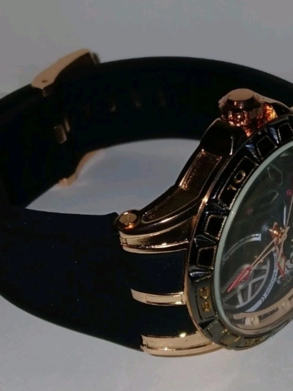 BiBi Rose Gold Skeleton Mechanical Watch with Black Strap and Red Accents